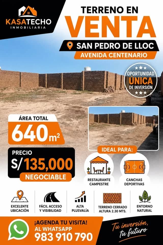 VENTA DE GRAN LOTE DE TERRENO DE 640 METROS CUADRADOS AV. CENTENARIO SAN PEDRO DE LLOC.