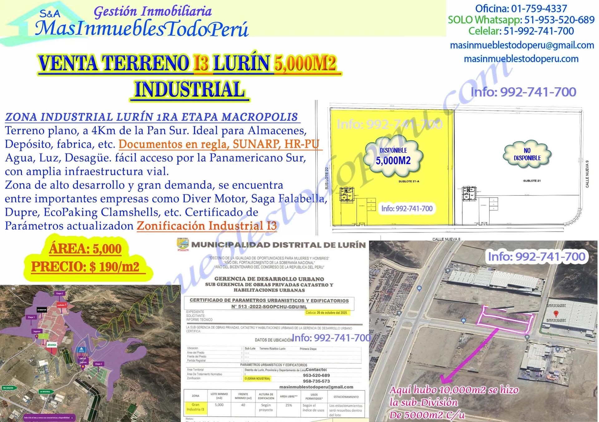 #REMATE-TERRENO-INDUSTRIAL I3 LURÍN 5,000M2 1RA ETAPA MACRÓPOLIS